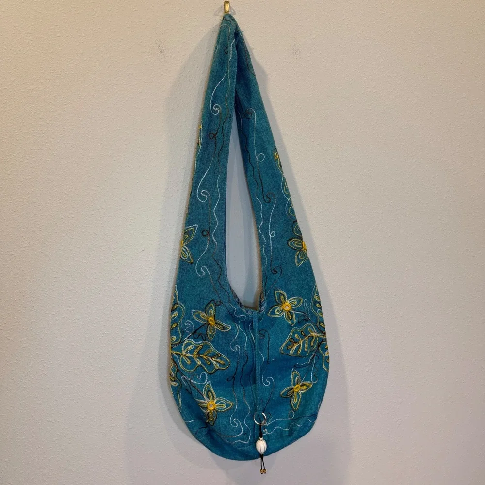 Rising International Hobo Bag Women Teal Embroidered Floral Boho Nepal Hippie